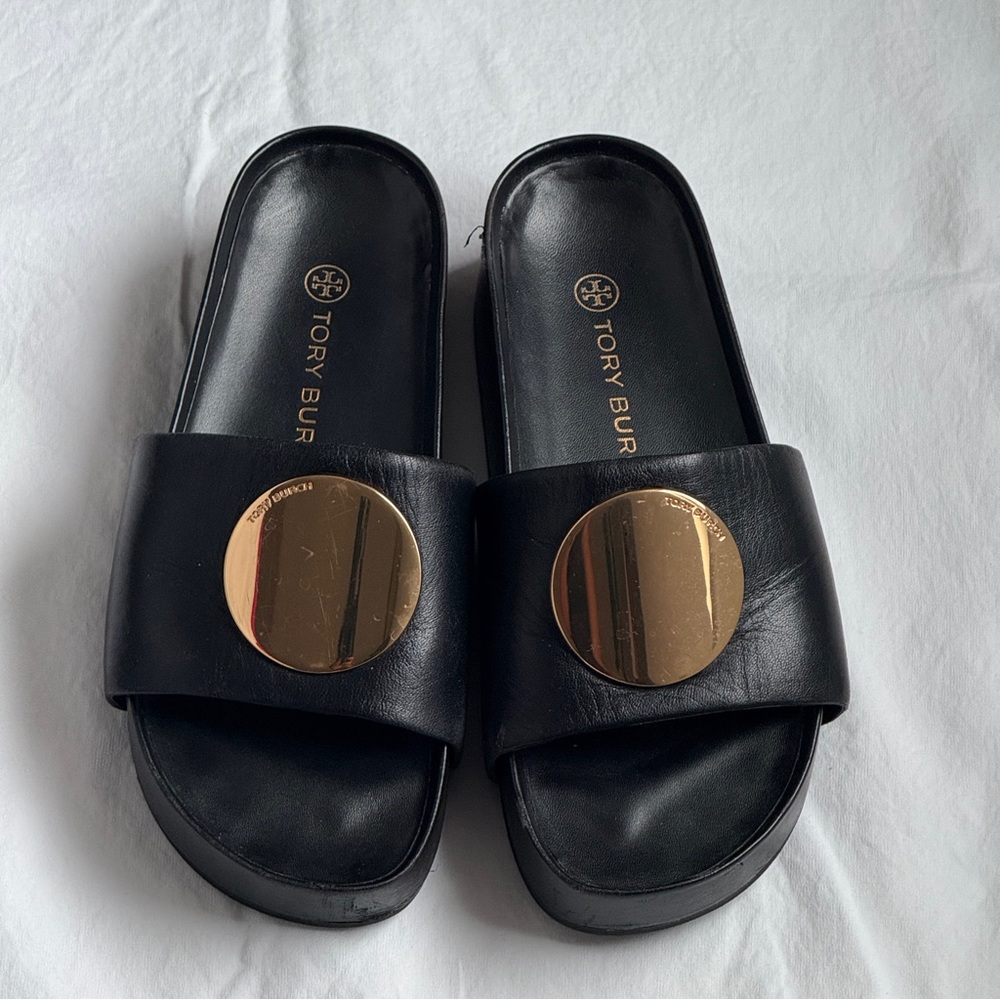 Tory Burch Black Leather Slide Sandals with Gold Disc Accent